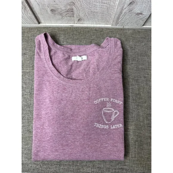 Maurices Womens Graphic Shirt L Coffee First Things Later Heathered Purple - Picture 3 of 7